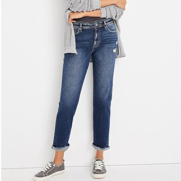 KanCan Distressed Boyfriend Jeans Womens 27 Dark Wash High Rise Stretch Frayed - Picture 2 of 7